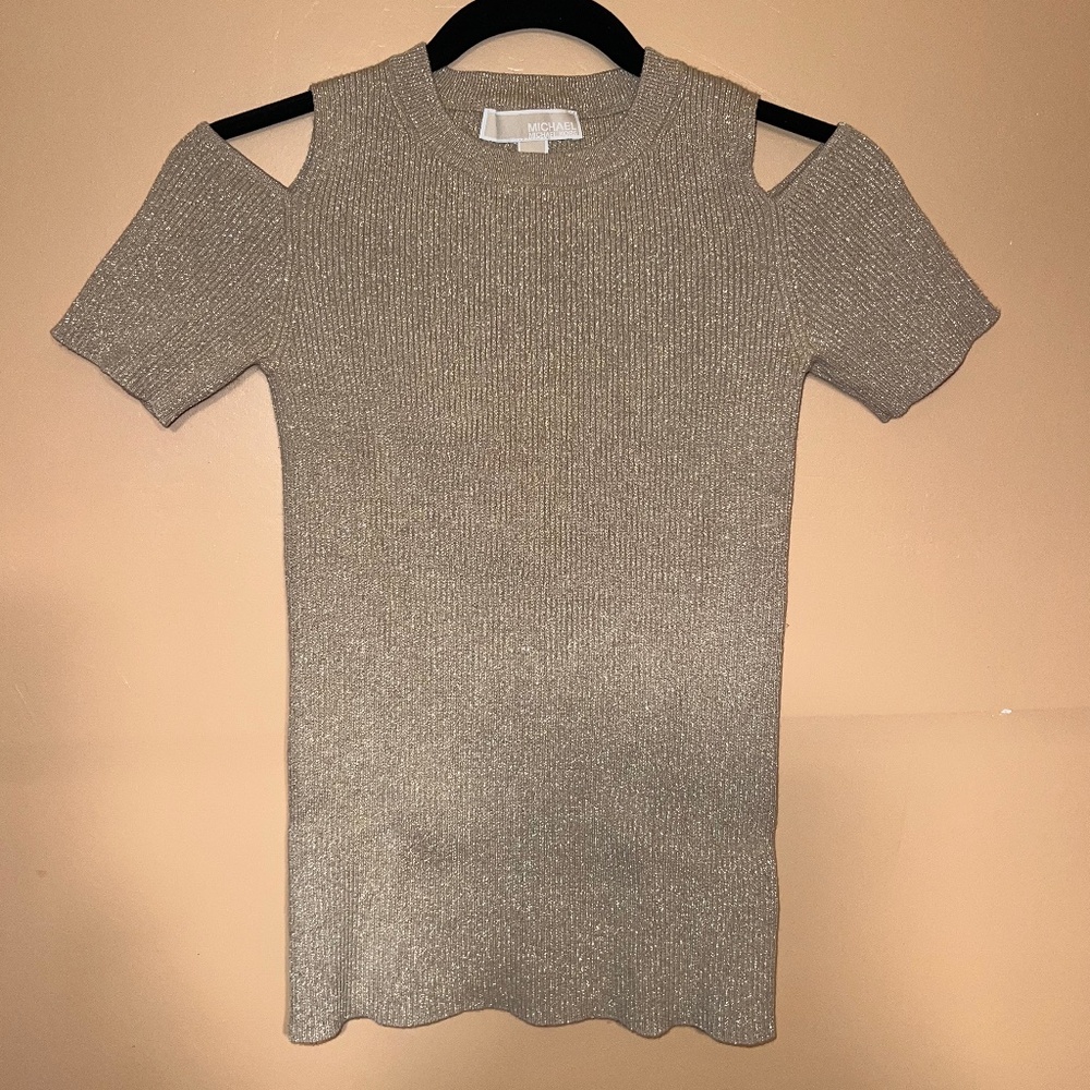 Ribbed Metallic Cold Shoulder Top